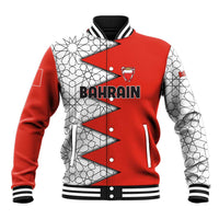 Bahrain Shield Design Baseball Jacket with Arabesque Tile Motif in Red
