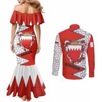 Bahrain Shield Design Couples Matching Mermaid Dress and Long Sleeve Button Shirt with Arabesque Tile Motif in Red
