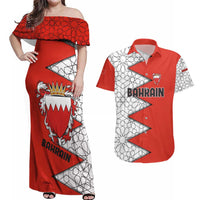 Bahrain Shield Design Couples Matching Off Shoulder Maxi Dress and Hawaiian Shirt with Arabesque Tile Motif in Red