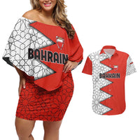 Bahrain Shield Design Couples Matching Off Shoulder Short Dress and Hawaiian Shirt with Arabesque Tile Motif in Red