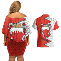 Bahrain Shield Design Couples Matching Off Shoulder Short Dress and Hawaiian Shirt with Arabesque Tile Motif in Red