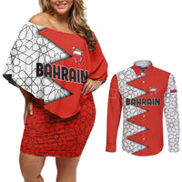 Bahrain Shield Design Couples Matching Off Shoulder Short Dress and Long Sleeve Button Shirt with Arabesque Tile Motif in Red
