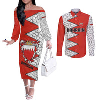Bahrain Shield Design Couples Matching Off The Shoulder Long Sleeve Dress and Long Sleeve Button Shirt with Arabesque Tile Motif in Red