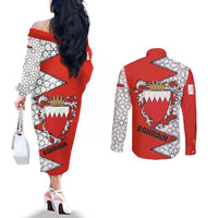Bahrain Shield Design Couples Matching Off The Shoulder Long Sleeve Dress and Long Sleeve Button Shirt with Arabesque Tile Motif in Red