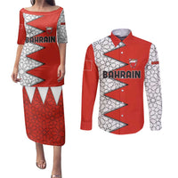 Bahrain Shield Design Couples Matching Puletasi and Long Sleeve Button Shirt with Arabesque Tile Motif in Red