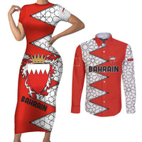 Bahrain Shield Design Couples Matching Short Sleeve Bodycon Dress and Long Sleeve Button Shirt with Arabesque Tile Motif in Red