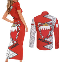 Bahrain Shield Design Couples Matching Short Sleeve Bodycon Dress and Long Sleeve Button Shirt with Arabesque Tile Motif in Red