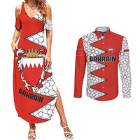 Bahrain Shield Design Couples Matching Summer Maxi Dress and Long Sleeve Button Shirt with Arabesque Tile Motif in Red