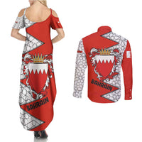 Bahrain Shield Design Couples Matching Summer Maxi Dress and Long Sleeve Button Shirt with Arabesque Tile Motif in Red