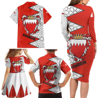 Bahrain Shield Design Family Matching Long Sleeve Bodycon Dress and Hawaiian Shirt with Arabesque Tile Motif in Red