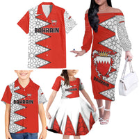 Bahrain Shield Design Family Matching Off The Shoulder Long Sleeve Dress and Hawaiian Shirt with Arabesque Tile Motif in Red