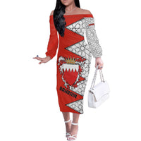 Bahrain Shield Design Family Matching Off The Shoulder Long Sleeve Dress and Hawaiian Shirt with Arabesque Tile Motif in Red