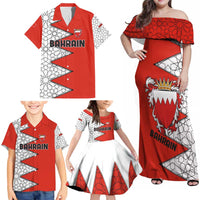 Bahrain Shield Design Family Matching Off Shoulder Maxi Dress and Hawaiian Shirt with Arabesque Tile Motif in Red
