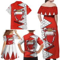 Bahrain Shield Design Family Matching Off Shoulder Maxi Dress and Hawaiian Shirt with Arabesque Tile Motif in Red