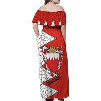 Bahrain Shield Design Family Matching Off Shoulder Maxi Dress and Hawaiian Shirt with Arabesque Tile Motif in Red