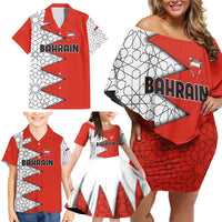 Bahrain Shield Design Family Matching Off Shoulder Short Dress and Hawaiian Shirt with Arabesque Tile Motif in Red