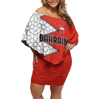 Bahrain Shield Design Family Matching Off Shoulder Short Dress and Hawaiian Shirt with Arabesque Tile Motif in Red