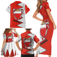 Bahrain Shield Design Family Matching Short Sleeve Bodycon Dress and Hawaiian Shirt with Arabesque Tile Motif in Red