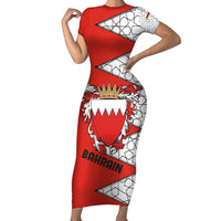 Bahrain Shield Design Family Matching Short Sleeve Bodycon Dress and Hawaiian Shirt with Arabesque Tile Motif in Red