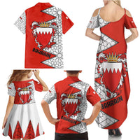 Bahrain Shield Design Family Matching Summer Maxi Dress and Hawaiian Shirt with Arabesque Tile Motif in Red