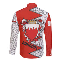 Bahrain Shield Design Long Sleeve Button Shirt with Arabesque Tile Motif in Red