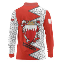 Bahrain Shield Design Long Sleeve Polo Shirt with Arabesque Tile Motif in Red