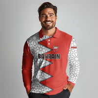 Bahrain Shield Design Long Sleeve Polo Shirt with Arabesque Tile Motif in Red