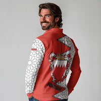 Bahrain Shield Design Long Sleeve Polo Shirt with Arabesque Tile Motif in Red