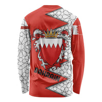Bahrain Shield Design Long Sleeve Shirt with Arabesque Tile Motif in Red