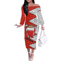 Bahrain Shield Design Off The Shoulder Long Sleeve Dress with Arabesque Tile Motif in Red
