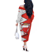 Bahrain Shield Design Off The Shoulder Long Sleeve Dress with Arabesque Tile Motif in Red