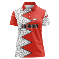 Bahrain Shield Design Women Polo Shirt with Arabesque Tile Motif in Red