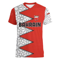 Bahrain Shield Design Women V-Neck T-Shirt with Arabesque Tile Motif in Red