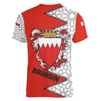Bahrain Shield Design Women V-Neck T-Shirt with Arabesque Tile Motif in Red