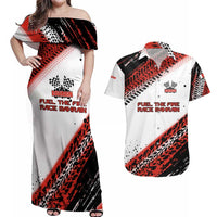 Formula 1 Inspired Bahrain Race Couples Matching Off Shoulder Maxi Dress and Hawaiian Shirt with Checkered Flag Print