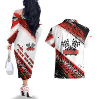 Formula 1 Inspired Bahrain Race Couples Matching Off The Shoulder Long Sleeve Dress and Hawaiian Shirt with Checkered Flag Print