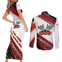 Formula 1 Inspired Bahrain Race Couples Matching Short Sleeve Bodycon Dress and Long Sleeve Button Shirt with Checkered Flag Print