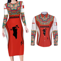 Bahrain Mandala Pattern Couples Matching Long Sleeve Bodycon Dress and Long Sleeve Button Shirt with National Map and Arabic Geometric Design