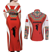 Bahrain Mandala Pattern Couples Matching Off Shoulder Maxi Dress and Long Sleeve Button Shirt with National Map and Arabic Geometric Design