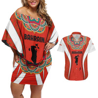 Bahrain Mandala Pattern Couples Matching Off Shoulder Short Dress and Hawaiian Shirt with National Map and Arabic Geometric Design