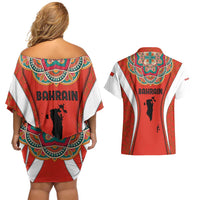 Bahrain Mandala Pattern Couples Matching Off Shoulder Short Dress and Hawaiian Shirt with National Map and Arabic Geometric Design