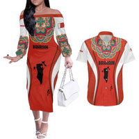 Bahrain Mandala Pattern Couples Matching Off The Shoulder Long Sleeve Dress and Hawaiian Shirt with National Map and Arabic Geometric Design
