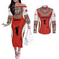 Bahrain Mandala Pattern Couples Matching Off The Shoulder Long Sleeve Dress and Long Sleeve Button Shirt with National Map and Arabic Geometric Design