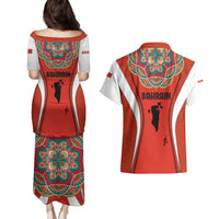 Bahrain Mandala Pattern Couples Matching Puletasi and Hawaiian Shirt with National Map and Arabic Geometric Design
