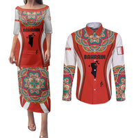 Bahrain Mandala Pattern Couples Matching Puletasi and Long Sleeve Button Shirt with National Map and Arabic Geometric Design