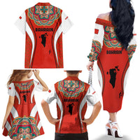 Bahrain Mandala Pattern Family Matching Off The Shoulder Long Sleeve Dress and Hawaiian Shirt with National Map and Arabic Geometric Design