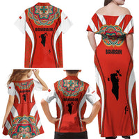 Bahrain Mandala Pattern Family Matching Off Shoulder Maxi Dress and Hawaiian Shirt with National Map and Arabic Geometric Design
