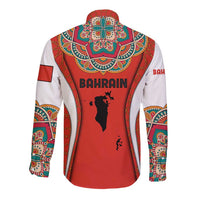 Bahrain Mandala Pattern Long Sleeve Button Shirt with National Map and Arabic Geometric Design