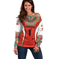 Bahrain Mandala Pattern Off Shoulder Sweater with National Map and Arabic Geometric Design