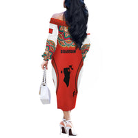 Bahrain Mandala Pattern Off The Shoulder Long Sleeve Dress with National Map and Arabic Geometric Design